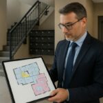 Homme en costume tenant une tablette avec un plan au sol.