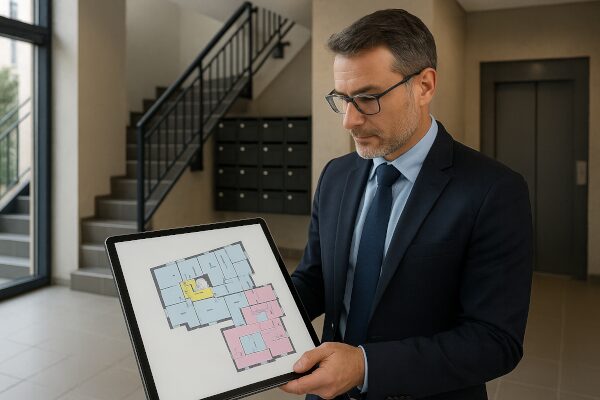 Homme en costume tenant une tablette avec un plan au sol.
