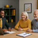Homme en costume montre des documents à un couple souriant.